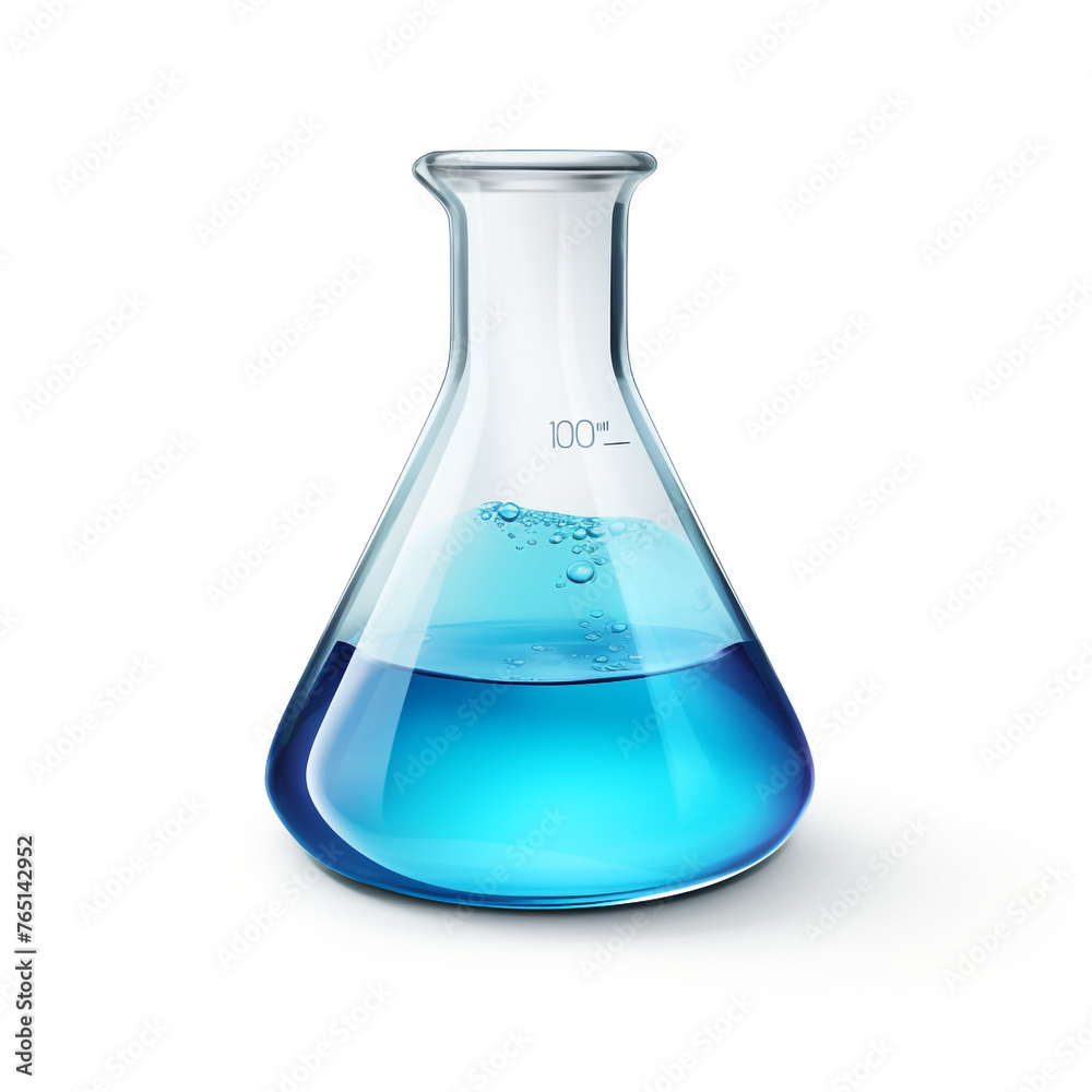 realistic erlenmeyer flask with blue liquid inside with some spilling out on white background сreated with Generative Ai
