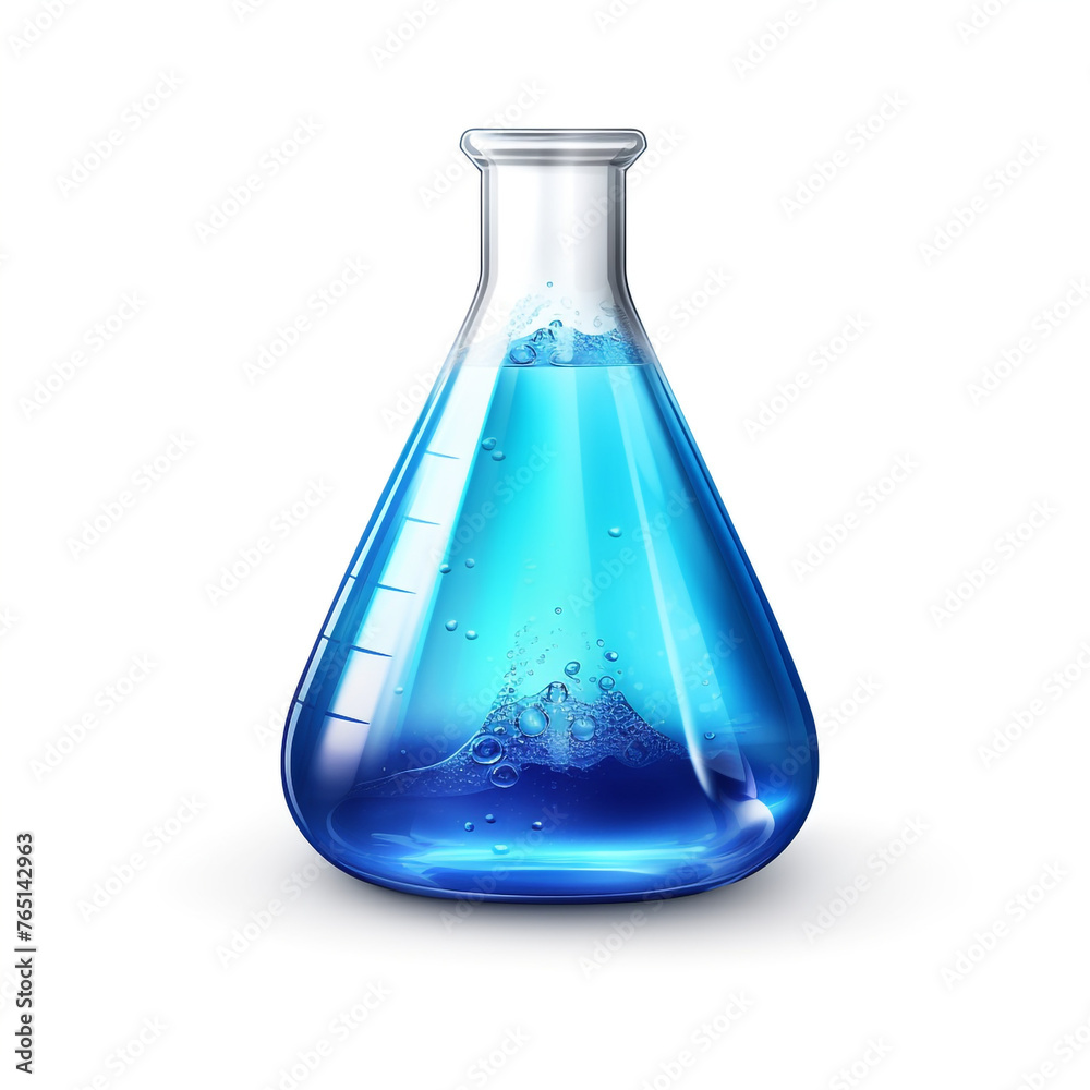 realistic erlenmeyer flask with blue liquid inside with some spilling out on white background сreated with Generative Ai realistic erlenmeyer flask with blue liquid inside with some spilling out on white background сreated with Generative Ai