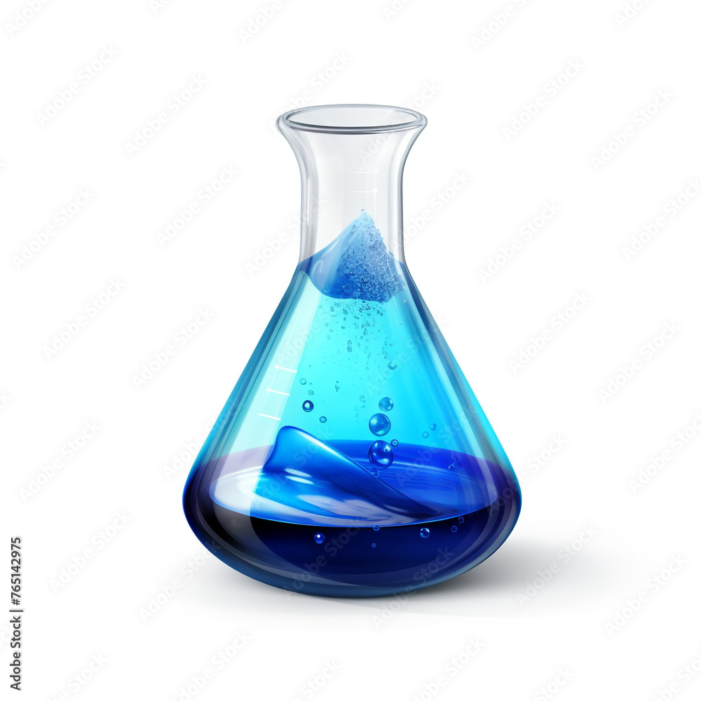 realistic erlenmeyer flask with blue liquid inside with some spilling out on white background сreated with Generative Ai realistic erlenmeyer flask with blue liquid inside with some spilling out on white background сreated with Generative Ai