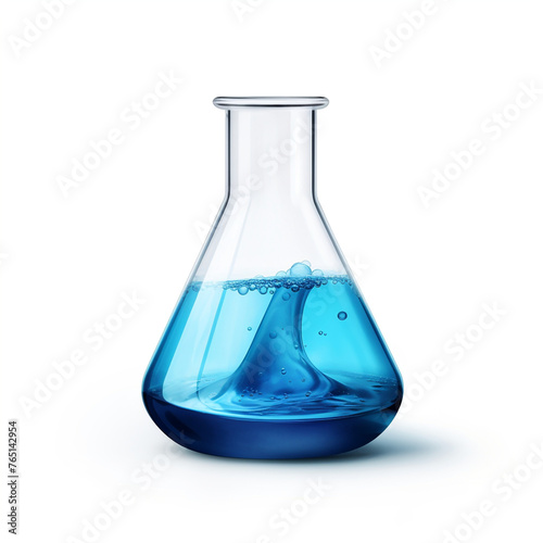 realistic erlenmeyer flask with blue liquid inside with some spilling out on white background сreated with Generative Ai