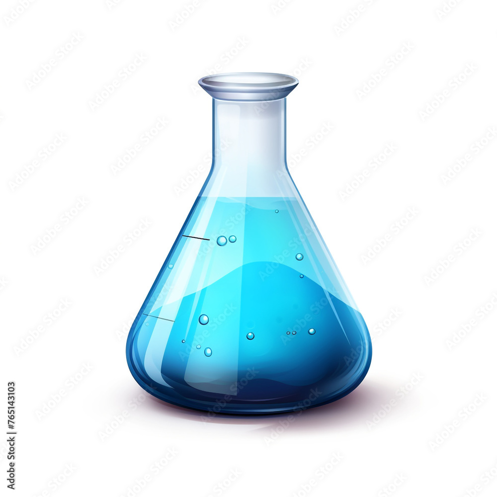 realistic erlenmeyer flask with blue liquid inside with some spilling out on white background сreated with Generative Ai realistic erlenmeyer flask with blue liquid inside with some spilling out on white background сreated with Generative Ai