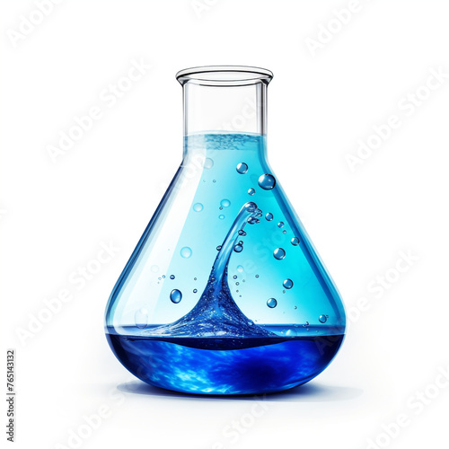 realistic erlenmeyer flask with blue liquid inside with some spilling out on white background сreated with Generative Ai