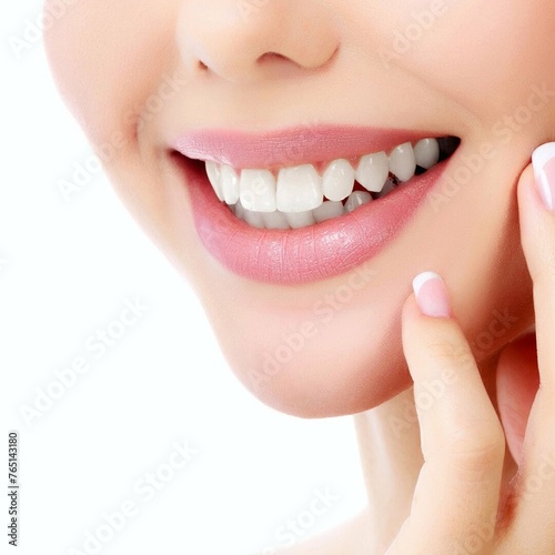 Fototapeta Naklejka Na Ścianę i Meble -  Close-up Close-up of the face of a beautiful young woman smiling with pink lips and soft blonde hair - Young woman laughing