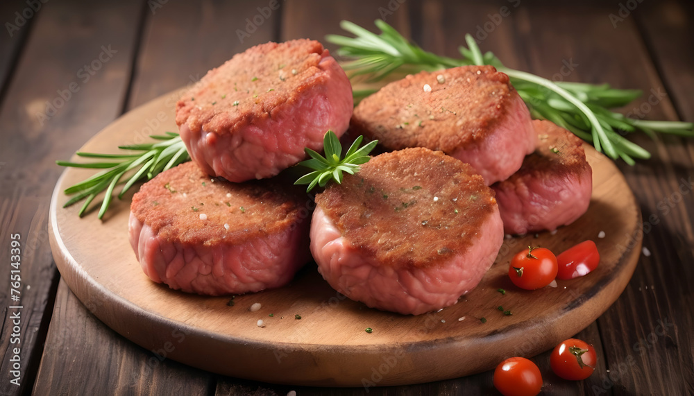 Fresh meat cutlets on wooden background