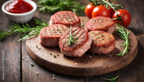 Fresh meat cutlets on wooden background