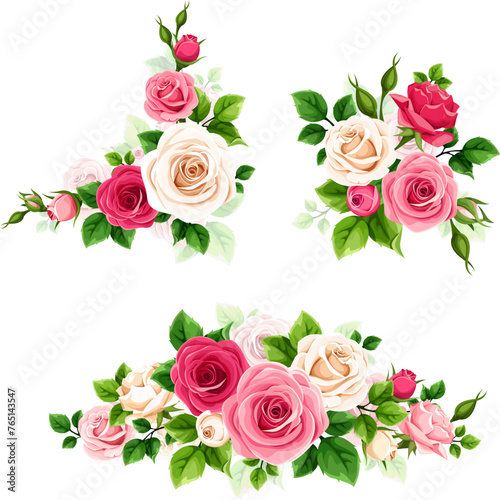 Red, pink, and white roses. Set of vector floral design elements with red, pink, and white rose flowers and green leaves isolated on a white background