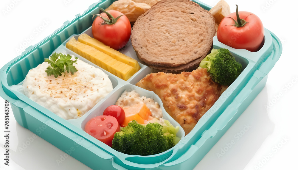 Lunch box with delicious food isolated on a white background Lunch box with delicious food isolated on a white background