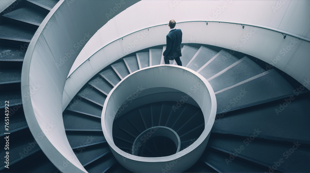 Obraz premium A lone figure in a blue suit walks up a modern spiral staircase, evoking a sense of ambition and progress. 