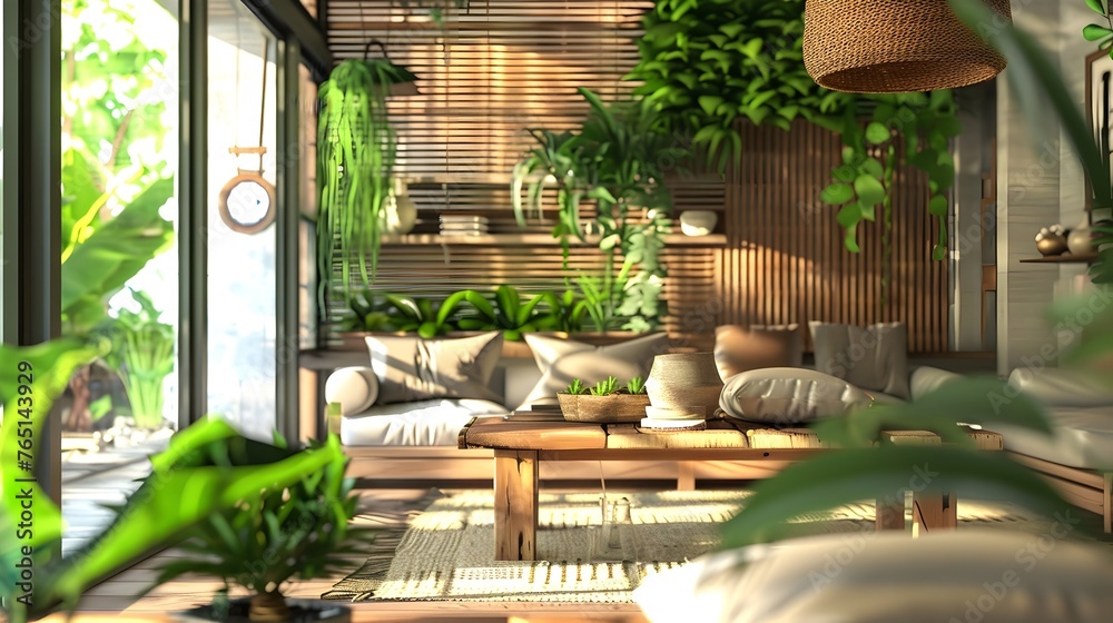Fototapeta premium Interior of living room with green houseplants sunlight coming through large windows generative ai