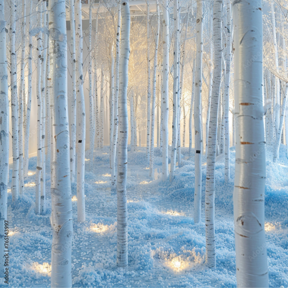 winter forest with lots of white, light up birch trees with a blue floor covered in snow winter forest with lots of white, light up birch trees with a blue floor covered in snow