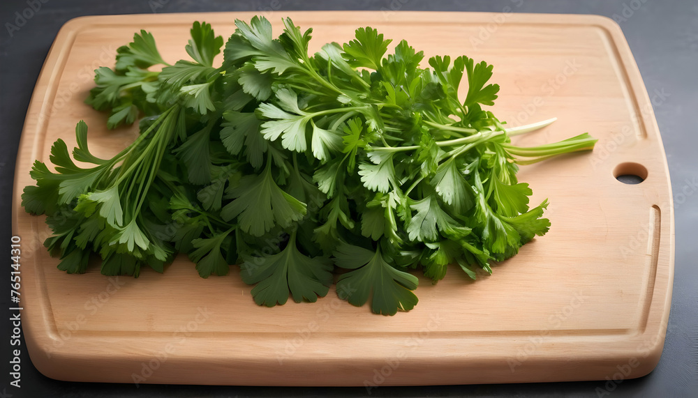Parsley. On a chopping board in the kitchen Parsley. On a chopping board in the kitchen
