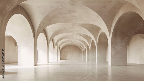 3D rendering of a long arched hallway with a minimalist and futuristic style