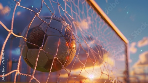 a soccer ball hitting the back of the net in a goal in sunset generative ai