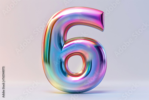 Glossy holographic number six 6 isolated on white background