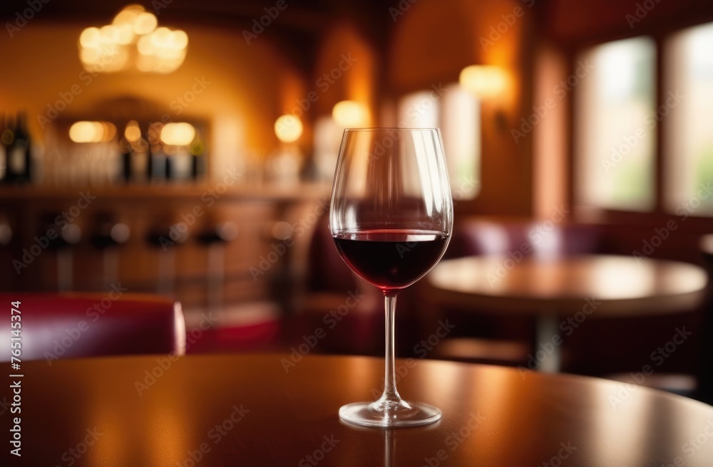 winery concept, glass of red wine on a wooden table, wine expert, sommelier, wine tasting, restaurant in the background, sunlight