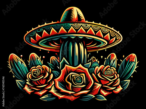 Mexico mexican cactuses and sombrero for festival Cinco de mayo. Colorful vector artwork showcasing a traditional mexican sombrero with cactus and roses
