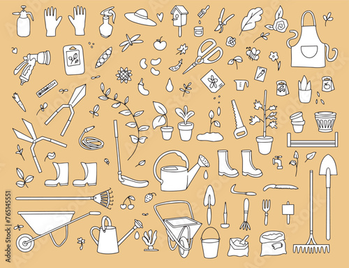 Large set of garden tools in doodle style. Watering can, hoe, bucket, hose, pitchfork, shovel, wheelbarrow, trowel, pruning shears, tree seedling, garden fork, rake and other linear icons.