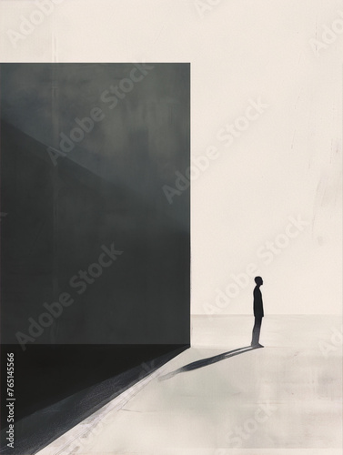 Digital art of a lonely person standing in front of a large dark wall