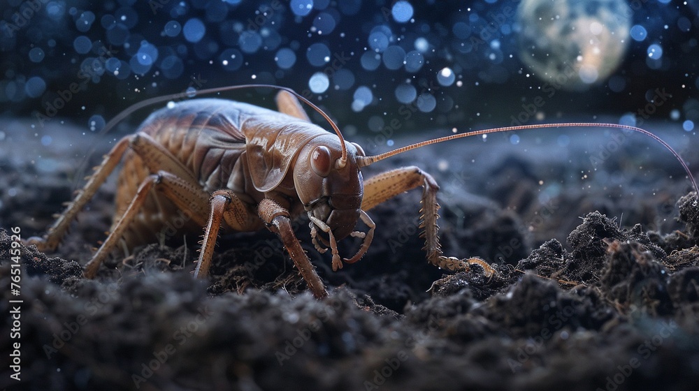 A Mole Cricket burrowing through the soil, its powerful front legs on full display, set against a background of a moonlit garden - obrazy, fototapety, plakaty 