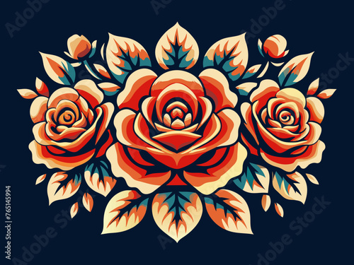 Mexico mexican roses for festival Cinco de mayo. Retro old school roses for chicano tattoo. Floral bouquet illustration with roses and blossoms, featuring ornamental decorative elements