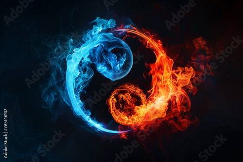 Yin and yang in fiery blue and red on dark wallpaper photo