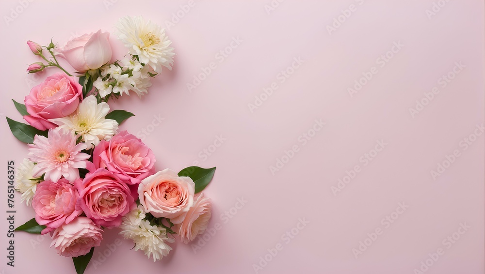 bouquet of pink and white roses on pink background with copy space, space for text and design 