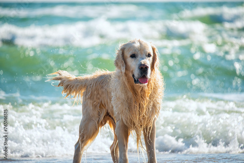 dog golden retriever wet in the water at sea.