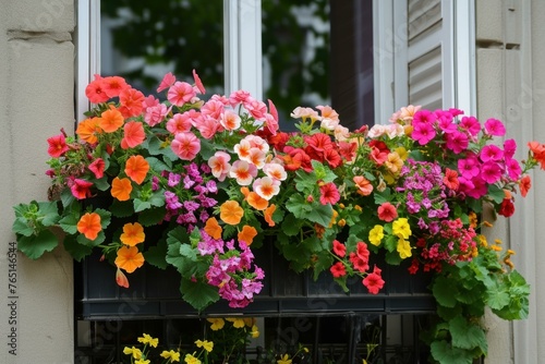 Aromatic Balcony boxes flowers. Home colorful plants decorative pots. Generate Ai © anatolir