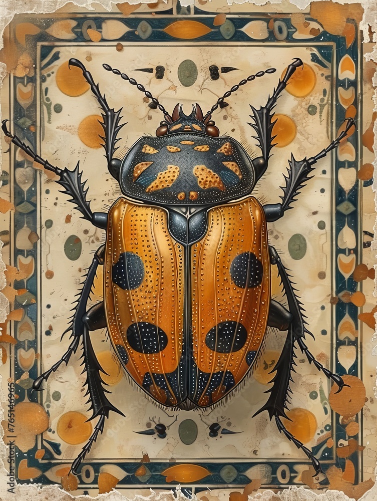 Fototapeta premium Desert Jewel: Ornate Scarab Beetle on Aged Parchment with Egyptian Motifs