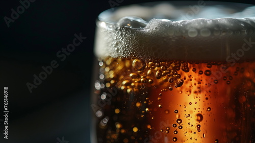 Close-up of beer foam and bubbles with condensation on glass. Refreshment and brewery concept. Design for beverage advertisement, macro photography.