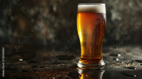 Beer glass with condensation on a textured surface with dark bokeh background. Beverage and relaxation concept. Design for bar menu, drink promotion.