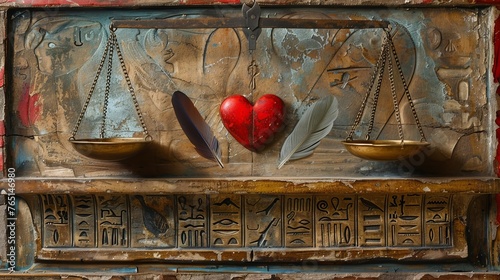 Mythical Equilibrium: Gold Scales Balancing a Heart and Feathers with Egyptian Art