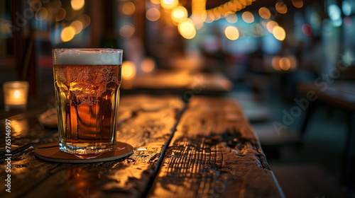 Beer glass with frothy top on a rustic wooden table in a festive bar with string lights. Social gathering and celebration concept. Design for event promotion, bar atmosphere.