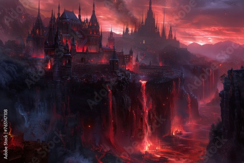 Red-Hued Castle on Cliff Over Lava Falls in a Dark Fantasy Realm, the underworld photo
