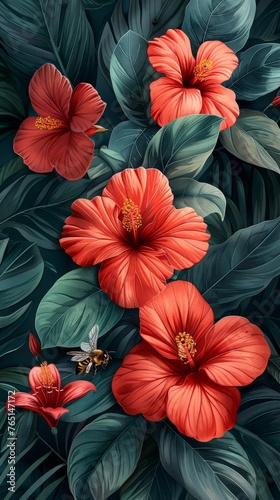 Wallpaper Mural Coral Hibiscus Blooms Adorned with Pollinators on a Verdant Background Torontodigital.ca