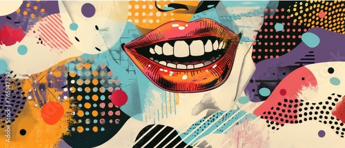 A set of halftone laughing lips with grunge elements. A collage mouth collection for banners, posters, and collages. photo