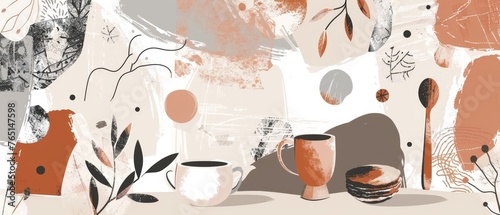 Teacup, sweeties, candy, cake, teaspoon, teapot, teabag, all elements of tea drinking. Hand drawn color cartoon flat illustration.