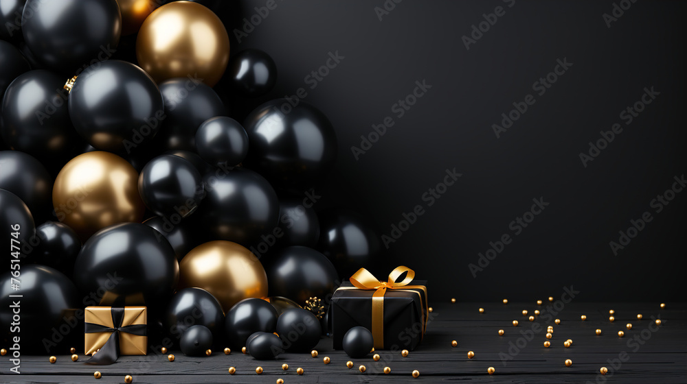 Naklejka premium Celebration black friday copy space background with black and golden presents and balloons