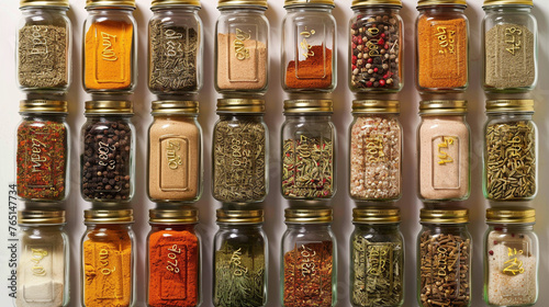 Neatly Arranged Spice Rack with Labeled Jars