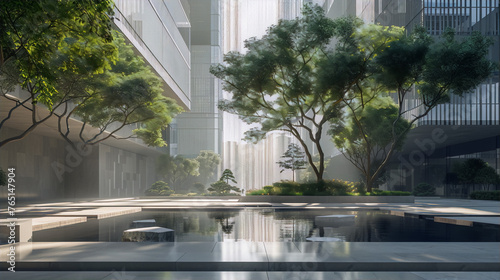 An urban courtyard with a reflecting pool, trees, and a waterfall in the background, with a modern architectural style and a minim photo