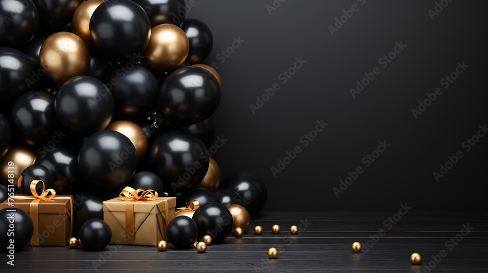 Naklejka premium Celebration black friday copy space background with black and golden presents and balloons
