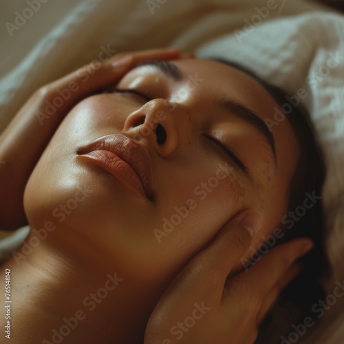 Close-up of a young woman relaxing possibly during a spa treatment