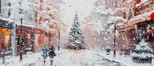 Painting of a snowy winter street in the Old Town. Xmas tree near lighting lantern. © Mark