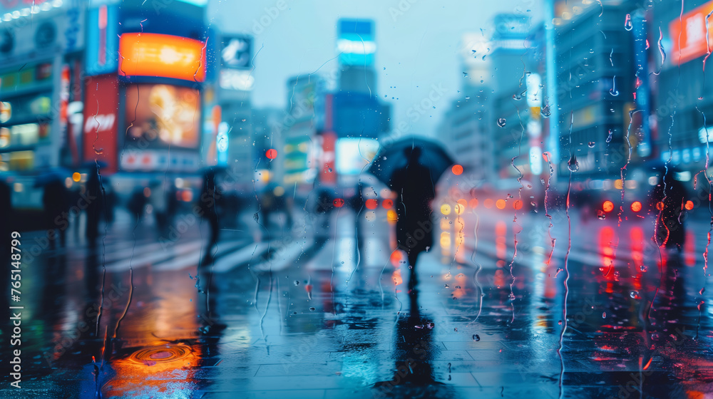 Obraz premium rainy city seen through a wet glass pane with raindrops