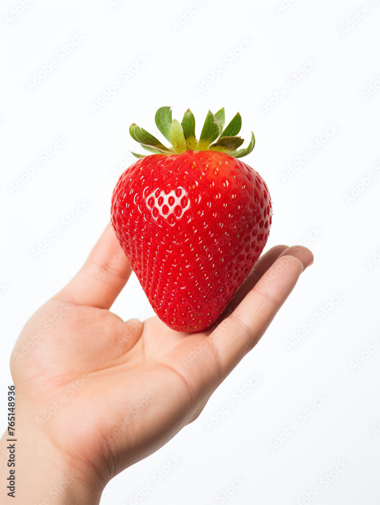 Obraz premium Holding a strawberry in his hand, against a white background сreated with Generative Ai