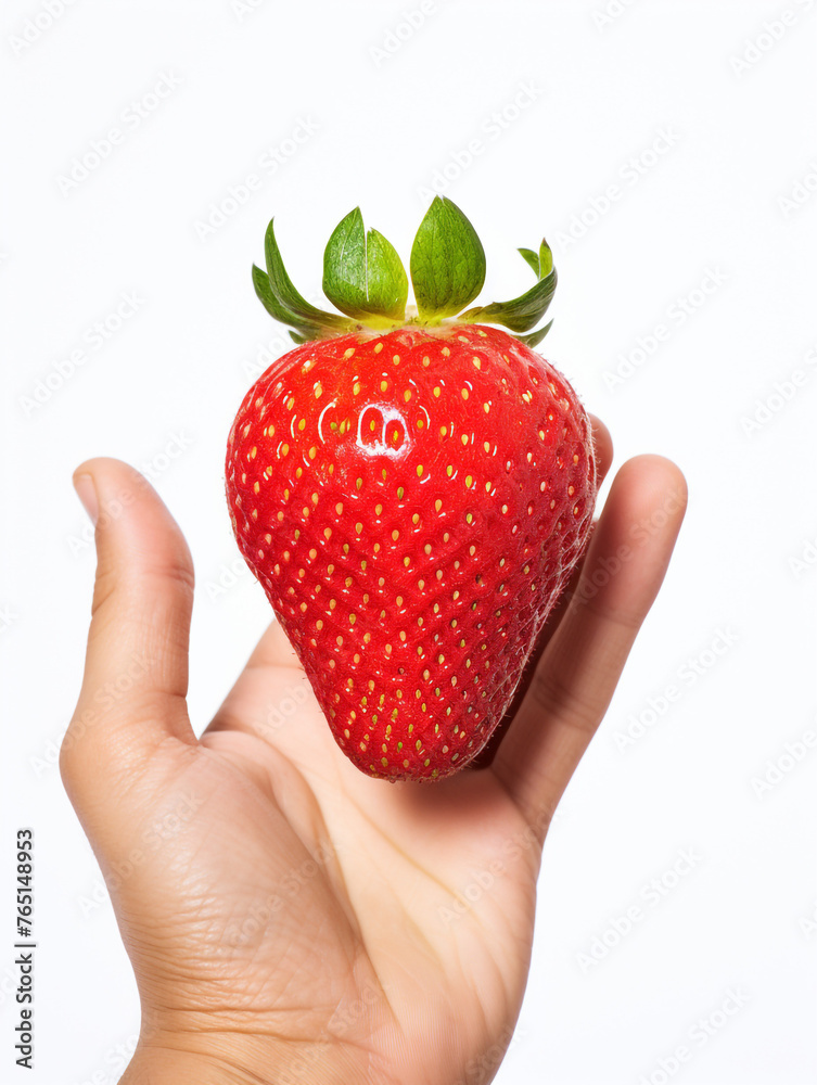 Obraz premium Holding a strawberry in his hand, against a white background сreated with Generative Ai