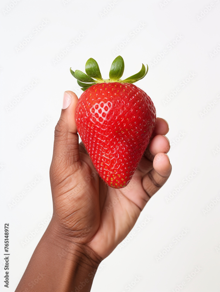 Obraz premium Holding a strawberry in his hand, against a white background сreated with Generative Ai