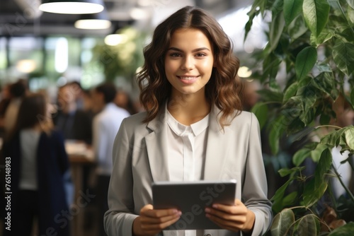 Woman holding tablet in front of group, suitable for technology concepts photo