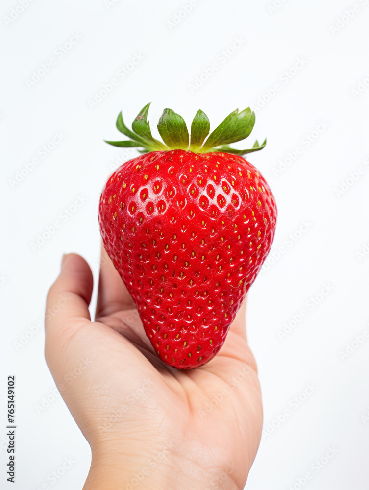 Obraz premium Holding a strawberry in his hand, against a white background сreated with Generative Ai