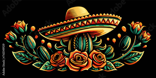 Mexico mexican cactuses and sombrero for festival Cinco de mayo. Colorful vector artwork showcasing a traditional mexican sombrero with cactus and roses